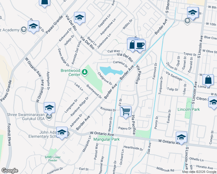 map of restaurants, bars, coffee shops, grocery stores, and more near 1542 Border Avenue in Corona