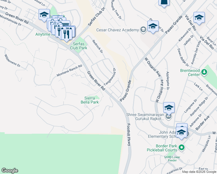 map of restaurants, bars, coffee shops, grocery stores, and more near 1570 San Fernando Drive in Corona