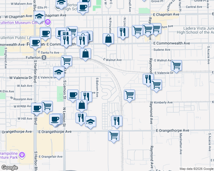 map of restaurants, bars, coffee shops, grocery stores, and more near 6 Palm Via in Anaheim