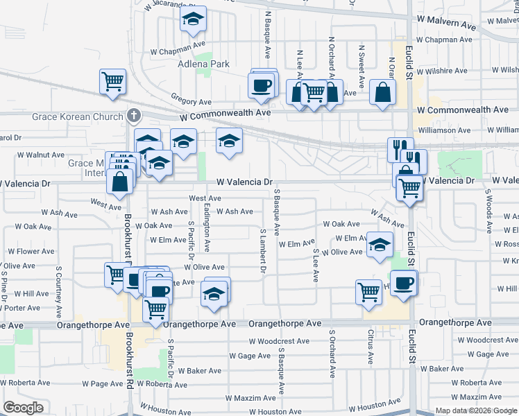 map of restaurants, bars, coffee shops, grocery stores, and more near 400 South Lambert Drive in Fullerton