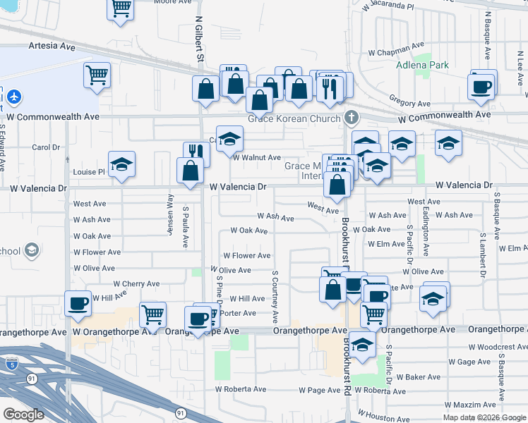 map of restaurants, bars, coffee shops, grocery stores, and more near in Fullerton