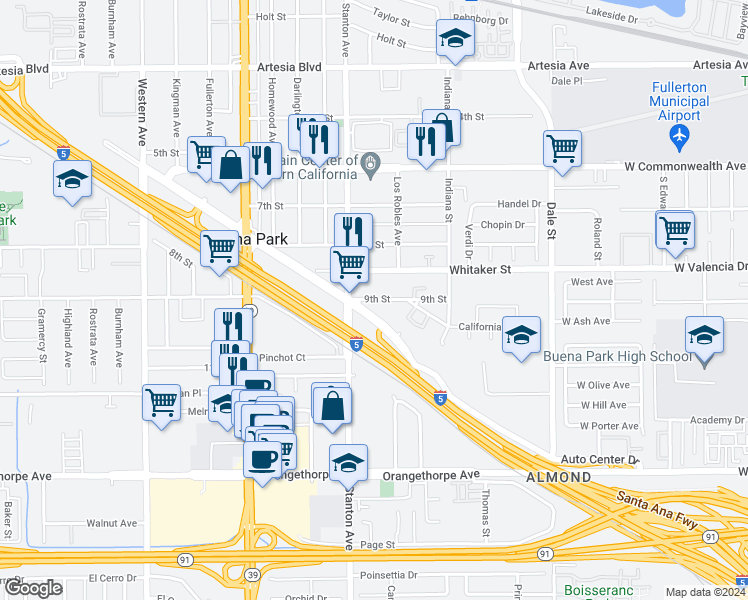 map of restaurants, bars, coffee shops, grocery stores, and more near 6522 Stanton Avenue in Buena Park