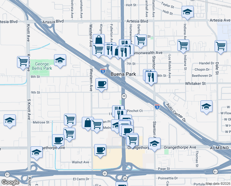 map of restaurants, bars, coffee shops, grocery stores, and more near 7699 9th Street in Buena Park