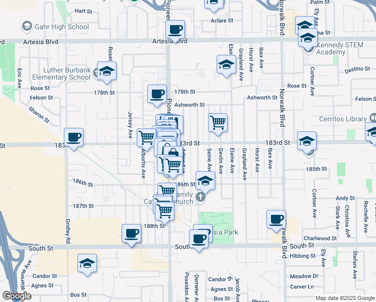 map of restaurants, bars, coffee shops, grocery stores, and more near in Artesia