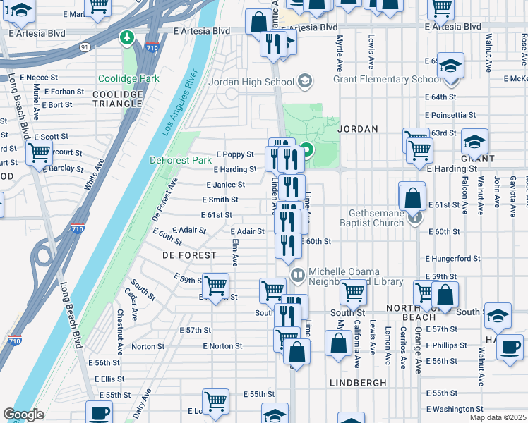 map of restaurants, bars, coffee shops, grocery stores, and more near 6113 Linden Avenue in Long Beach