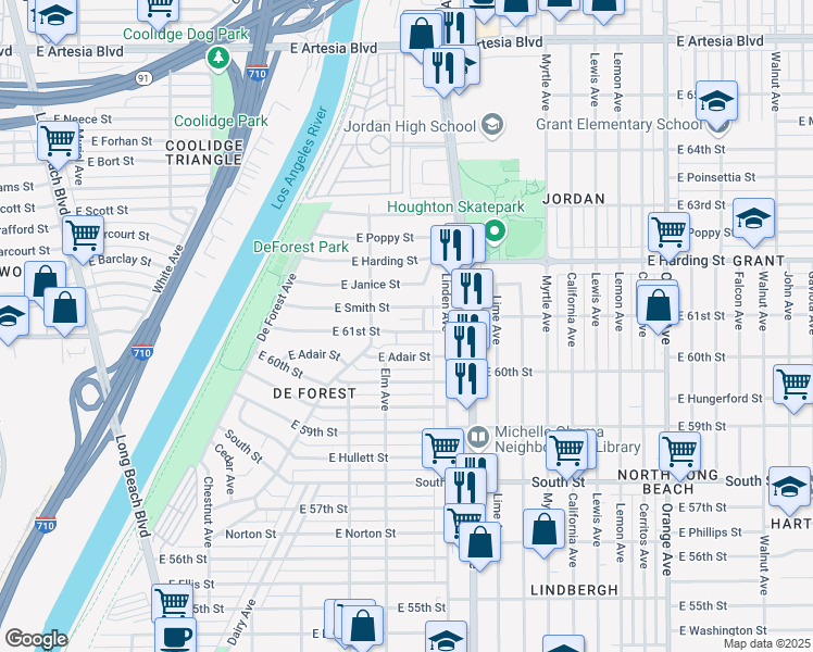 map of restaurants, bars, coffee shops, grocery stores, and more near 430 East Smith Street in Long Beach