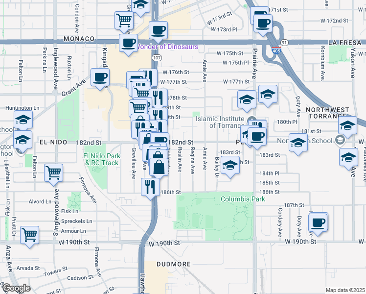 map of restaurants, bars, coffee shops, grocery stores, and more near 4274 West 182nd Street in Torrance
