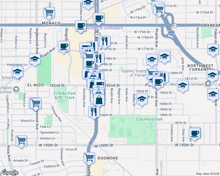 map of restaurants, bars, coffee shops, grocery stores, and more near 4274 West 182nd Street in Torrance