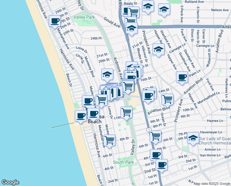 map of restaurants, bars, coffee shops, grocery stores, and more near 1529 Valley Drive in Hermosa Beach
