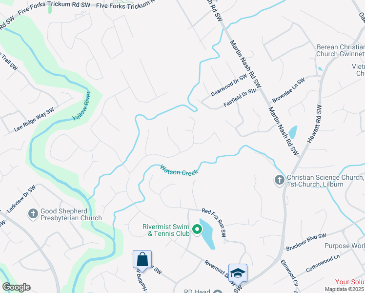 map of restaurants, bars, coffee shops, grocery stores, and more near 3527 Starwood Trail Southwest in Lilburn