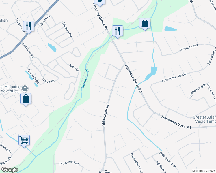 map of restaurants, bars, coffee shops, grocery stores, and more near 5811 Covered Wagon Trail Southwest in Lilburn