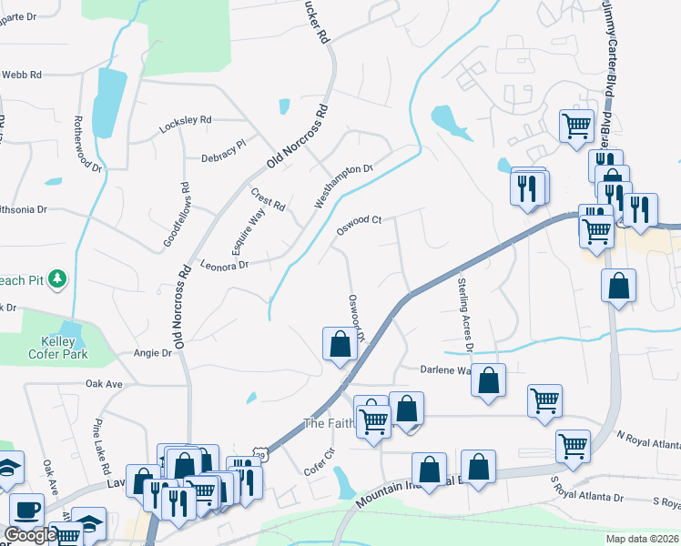 map of restaurants, bars, coffee shops, grocery stores, and more near 2686 Oswood Drive in Tucker