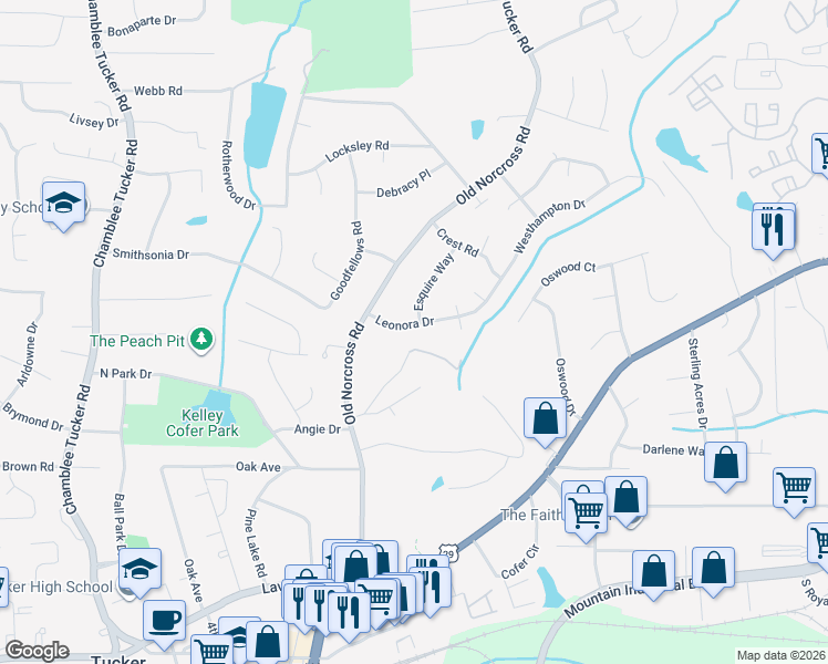 map of restaurants, bars, coffee shops, grocery stores, and more near 4475 Leonora Drive in Tucker
