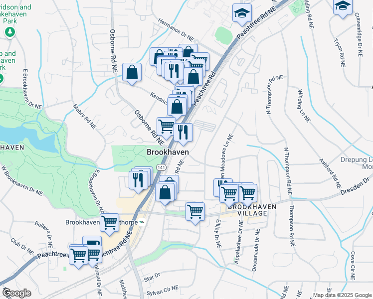 map of restaurants, bars, coffee shops, grocery stores, and more near 2690 Apple Valley Road Northeast in Brookhaven