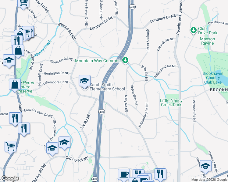 map of restaurants, bars, coffee shops, grocery stores, and more near 4044 Statewood Road Northeast in Atlanta