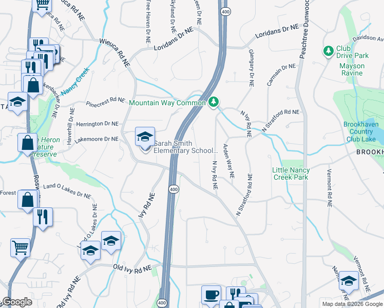 map of restaurants, bars, coffee shops, grocery stores, and more near 4044 Statewood Road Northeast in Atlanta