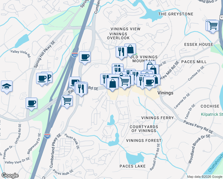 map of restaurants, bars, coffee shops, grocery stores, and more near 2735 Paces Ferry Road Southeast in Atlanta