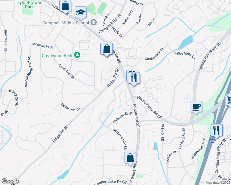 map of restaurants, bars, coffee shops, grocery stores, and more near 3617 Carson Lane Southeast in Smyrna