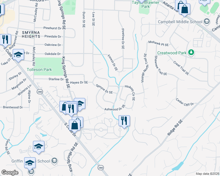 map of restaurants, bars, coffee shops, grocery stores, and more near 3565 Hickory Circle Southeast in Smyrna