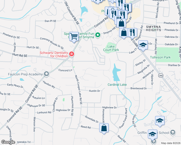 map of restaurants, bars, coffee shops, grocery stores, and more near 2216 Austin Lake Drive in Smyrna