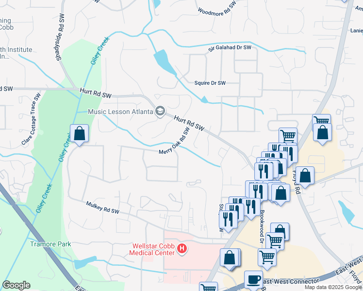 map of restaurants, bars, coffee shops, grocery stores, and more near 1729 Merry Oak Road Southwest in Marietta