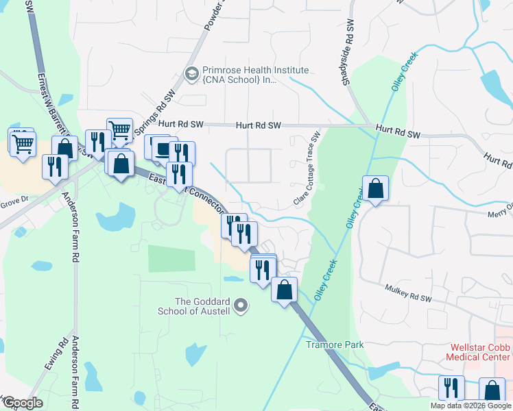 map of restaurants, bars, coffee shops, grocery stores, and more near 2360 Clare Court Southwest in Marietta