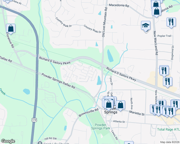 map of restaurants, bars, coffee shops, grocery stores, and more near 4512 Flowering Branch in Powder Springs