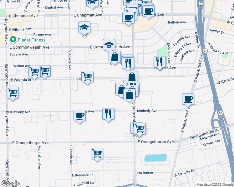 map of restaurants, bars, coffee shops, grocery stores, and more near 615 South State College Boulevard in Fullerton
