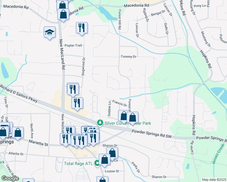 map of restaurants, bars, coffee shops, grocery stores, and more near 3927 Buck Road in Powder Springs
