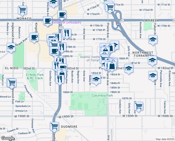 map of restaurants, bars, coffee shops, grocery stores, and more near 4160 West 182nd Street in Torrance