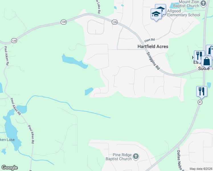 map of restaurants, bars, coffee shops, grocery stores, and more near 144 Paces Overlook Trace in Dallas