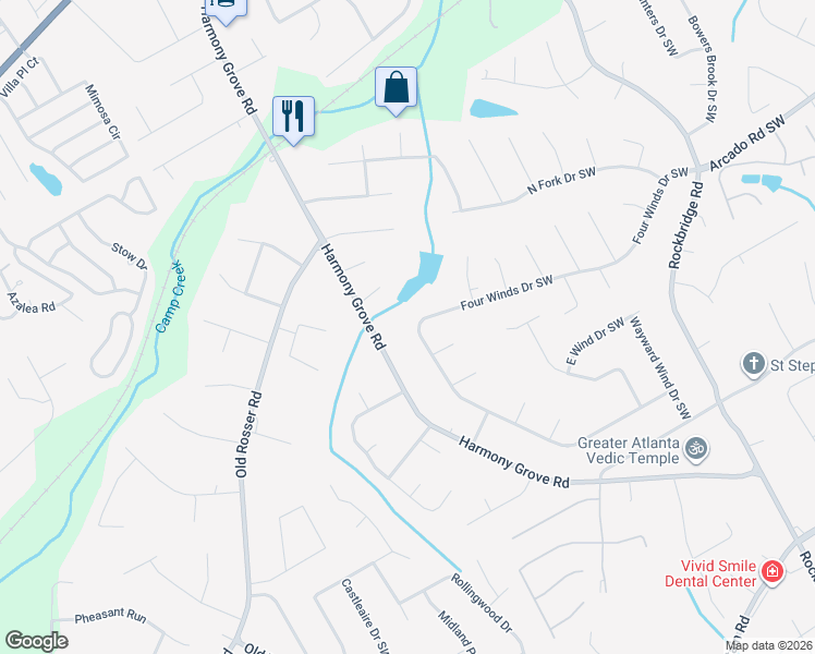 map of restaurants, bars, coffee shops, grocery stores, and more near 5758 Four Winds Drive Southwest in Lilburn