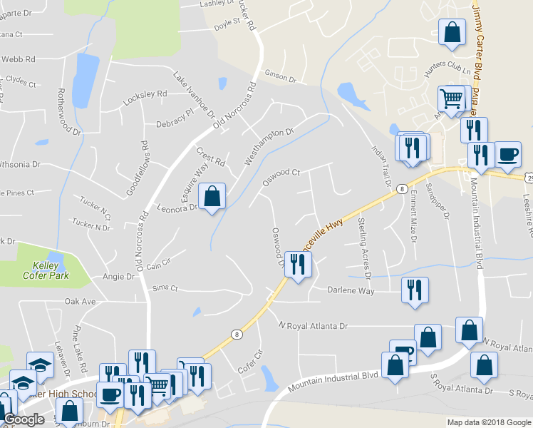 map of restaurants, bars, coffee shops, grocery stores, and more near 2686 Oswood Dr in Tucker