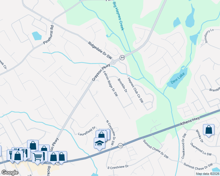 map of restaurants, bars, coffee shops, grocery stores, and more near 2521 Falcon Ridge Drive Southwest in Grayson
