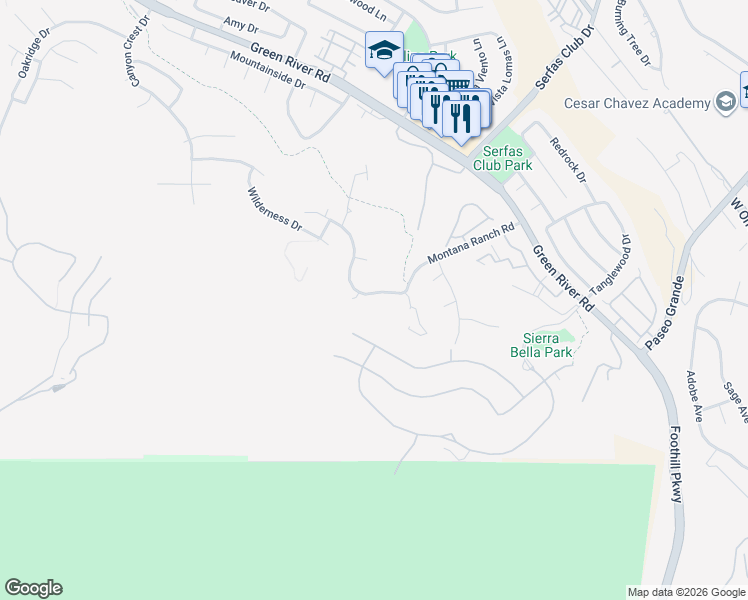 map of restaurants, bars, coffee shops, grocery stores, and more near 2760 Hidden Hills Way West in Corona