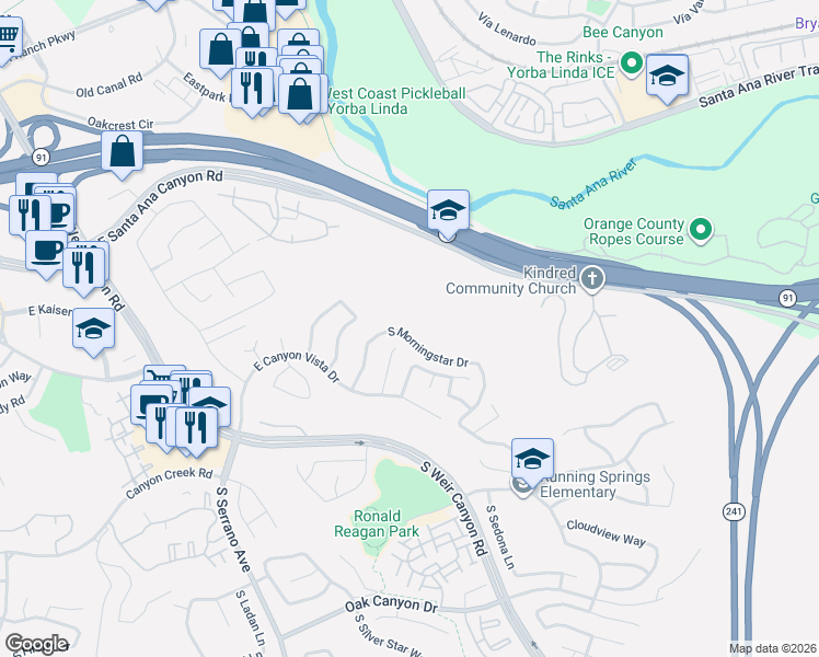 map of restaurants, bars, coffee shops, grocery stores, and more near 597 South Morningstar Drive in Anaheim