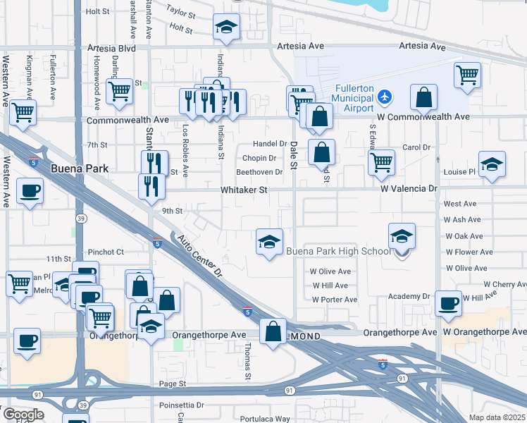 map of restaurants, bars, coffee shops, grocery stores, and more near 8382 Whitaker Street in Buena Park