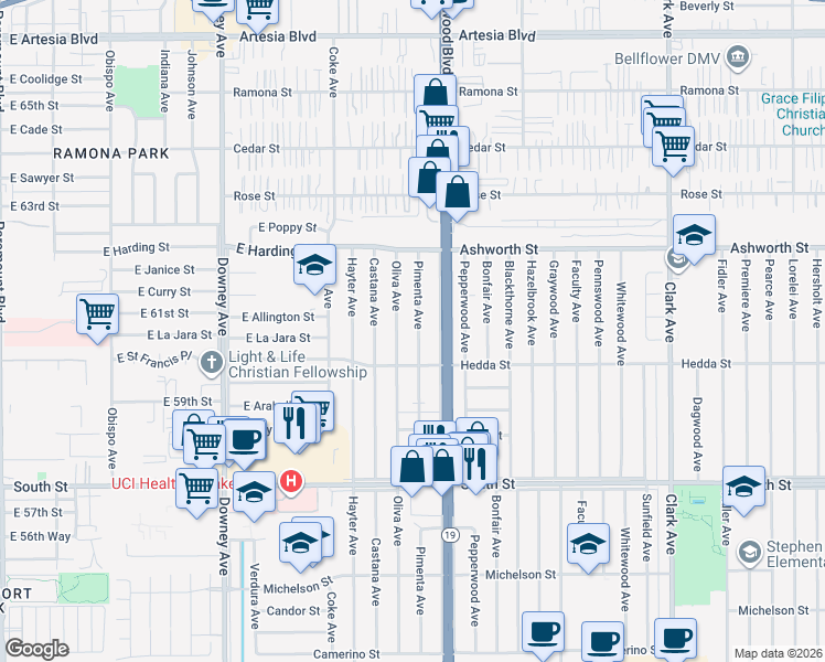 map of restaurants, bars, coffee shops, grocery stores, and more near 6047 Oliva Avenue in Lakewood