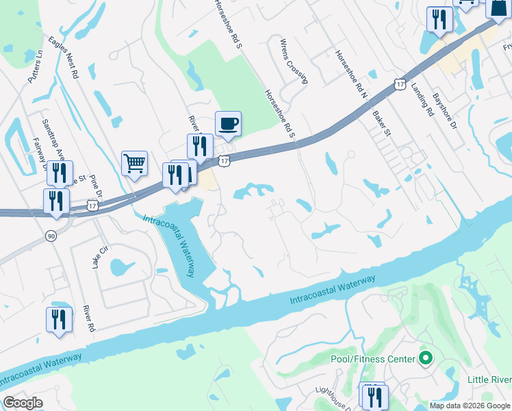 map of restaurants, bars, coffee shops, grocery stores, and more near 4544 Spyglass Drive in Little River