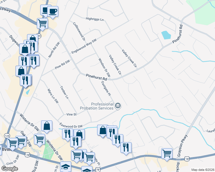 map of restaurants, bars, coffee shops, grocery stores, and more near 2266 Eastgate Drive in Snellville