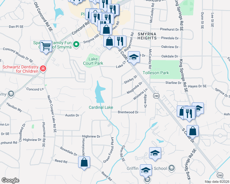 map of restaurants, bars, coffee shops, grocery stores, and more near 3619 Lake Drive Southeast in Smyrna
