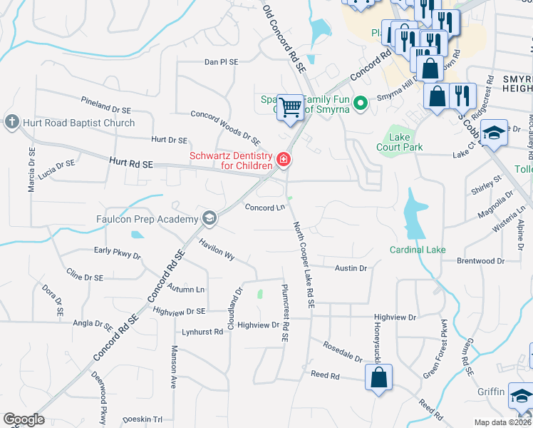 map of restaurants, bars, coffee shops, grocery stores, and more near 516 Concord Lane in Smyrna