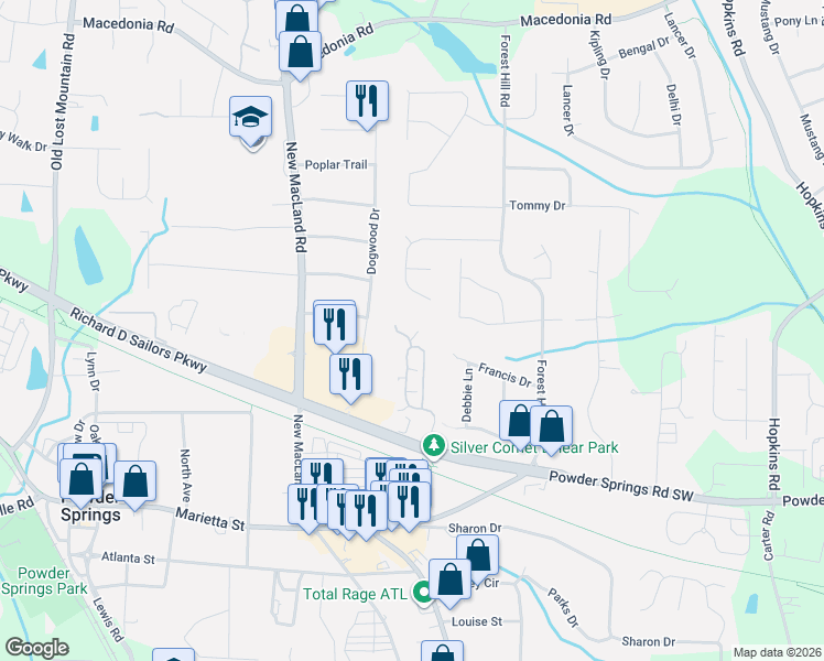 map of restaurants, bars, coffee shops, grocery stores, and more near 4007 Villa Springs Court in Powder Springs