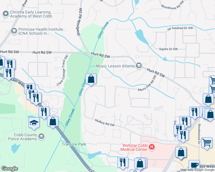 map of restaurants, bars, coffee shops, grocery stores, and more near 2095 Mulkey Road Southwest in Marietta