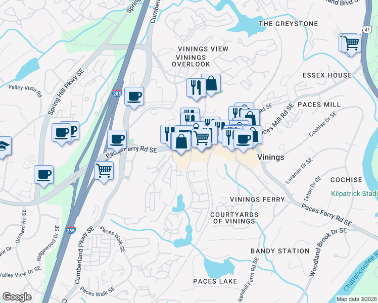 map of restaurants, bars, coffee shops, grocery stores, and more near 4000 Twin Lakes Drive in Atlanta