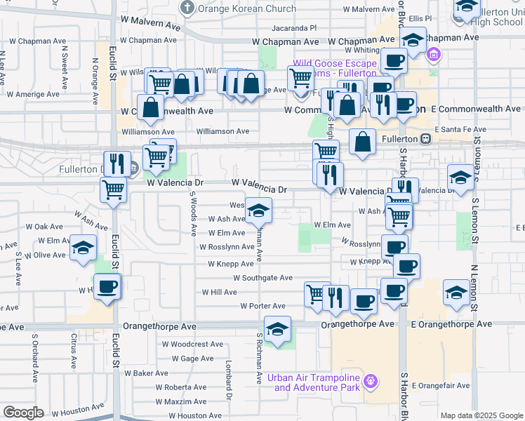 map of restaurants, bars, coffee shops, grocery stores, and more near 498 West Avenue in Fullerton