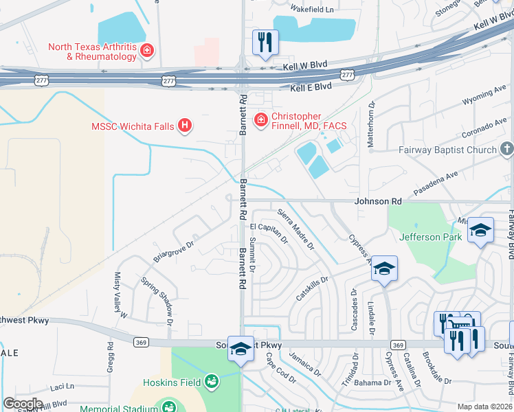 map of restaurants, bars, coffee shops, grocery stores, and more near 5306 Summit Drive in Wichita Falls
