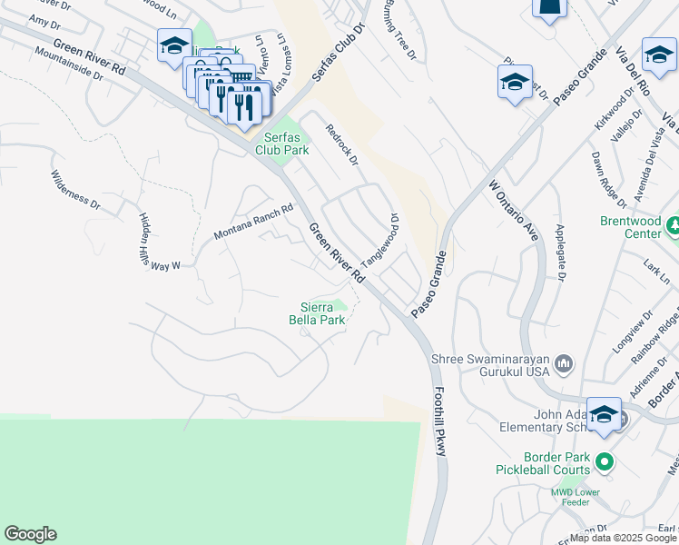 map of restaurants, bars, coffee shops, grocery stores, and more near 2275 Del Mar Way in Corona
