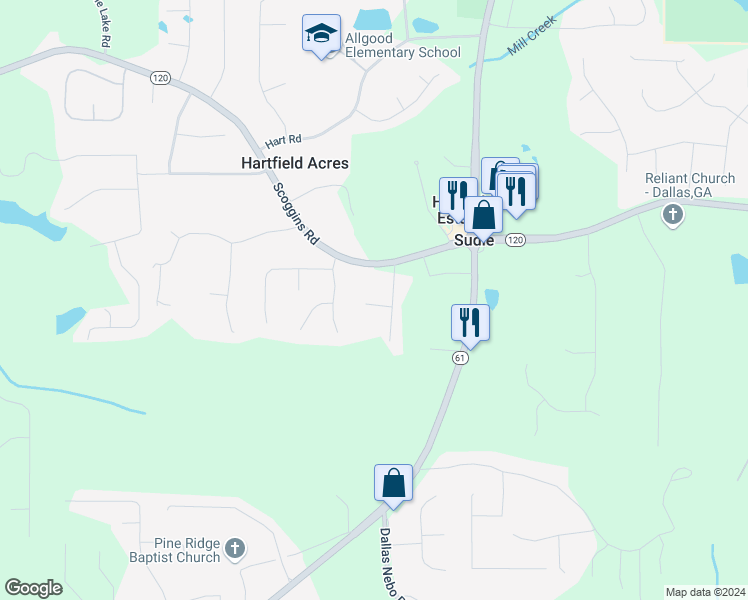 map of restaurants, bars, coffee shops, grocery stores, and more near 52 Hickory Court in Dallas