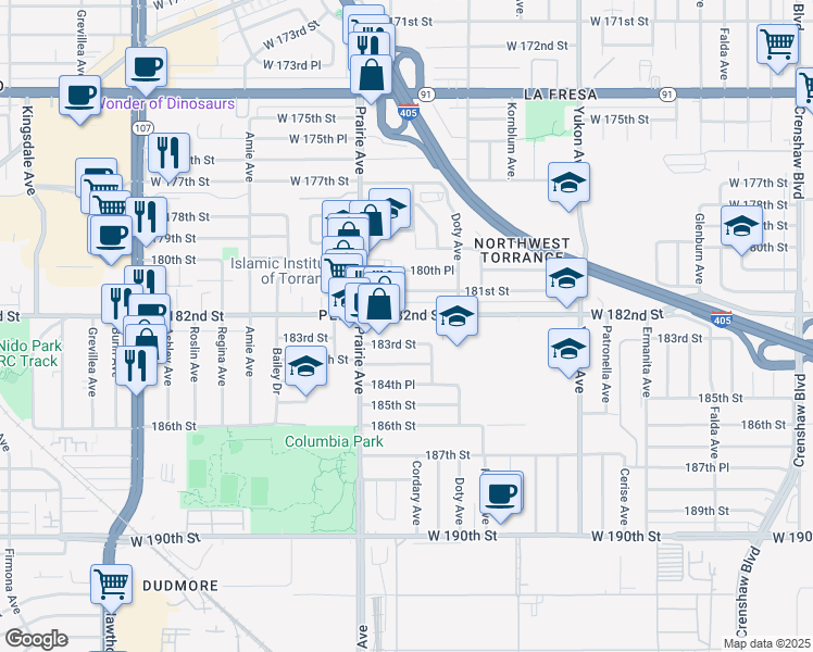 map of restaurants, bars, coffee shops, grocery stores, and more near 3910 West 182nd Street in Torrance